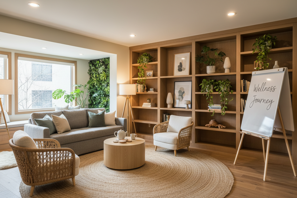 Comfortable modern coaching office with warm lighting