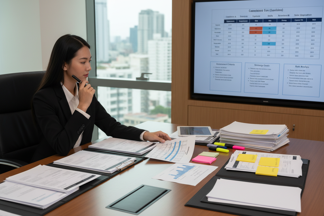 Person evaluating multiple candidate profiles with comparison chart