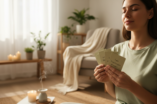 Person holding affirmation cards during meditation