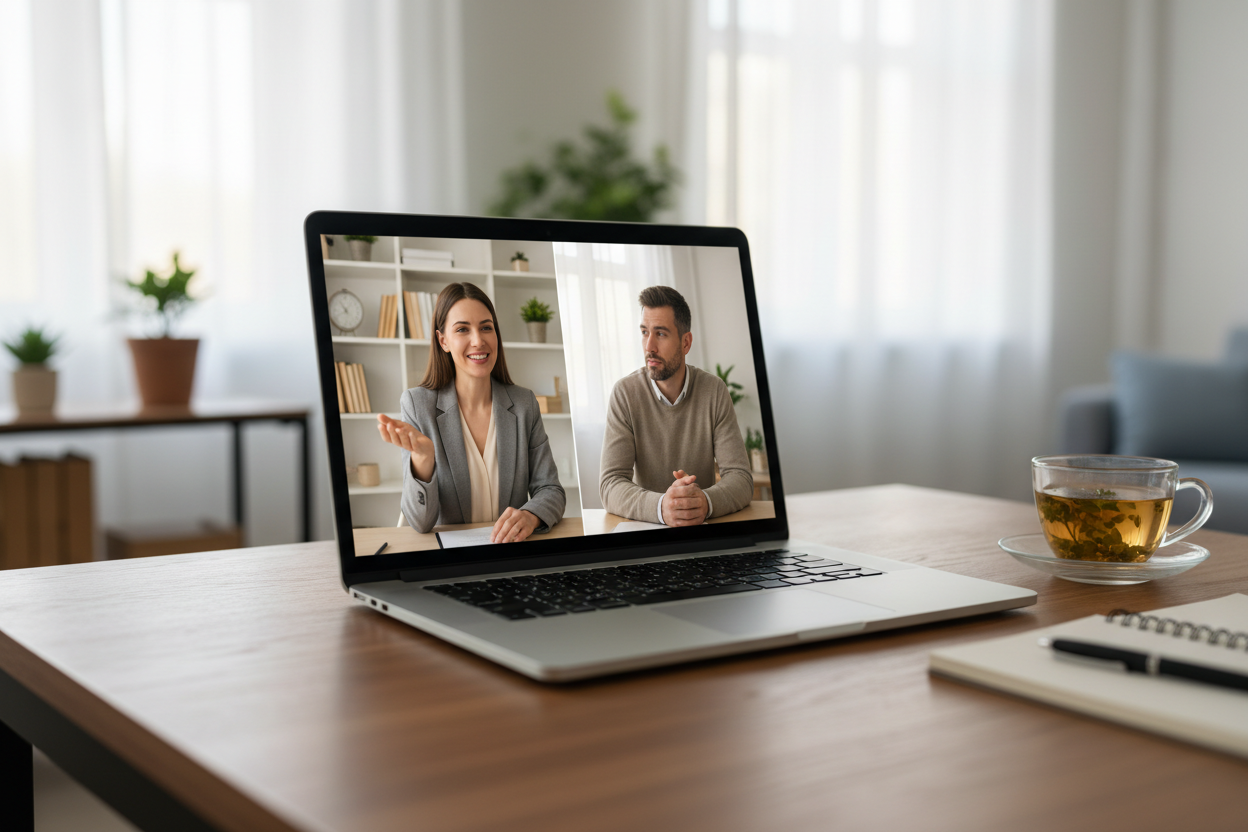 Video call consultation showing engaged coach and client