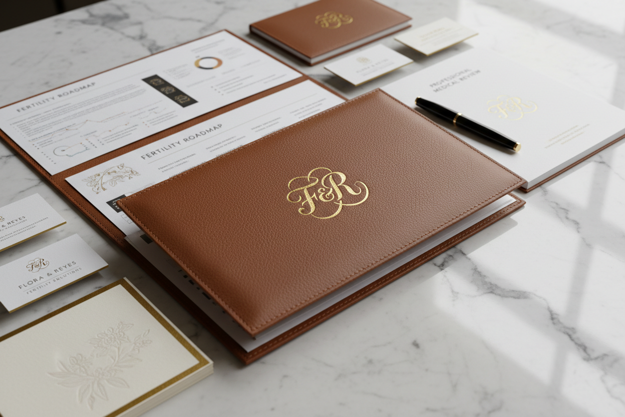 Premium leather folder with monogram containing custom fertility roadmap
