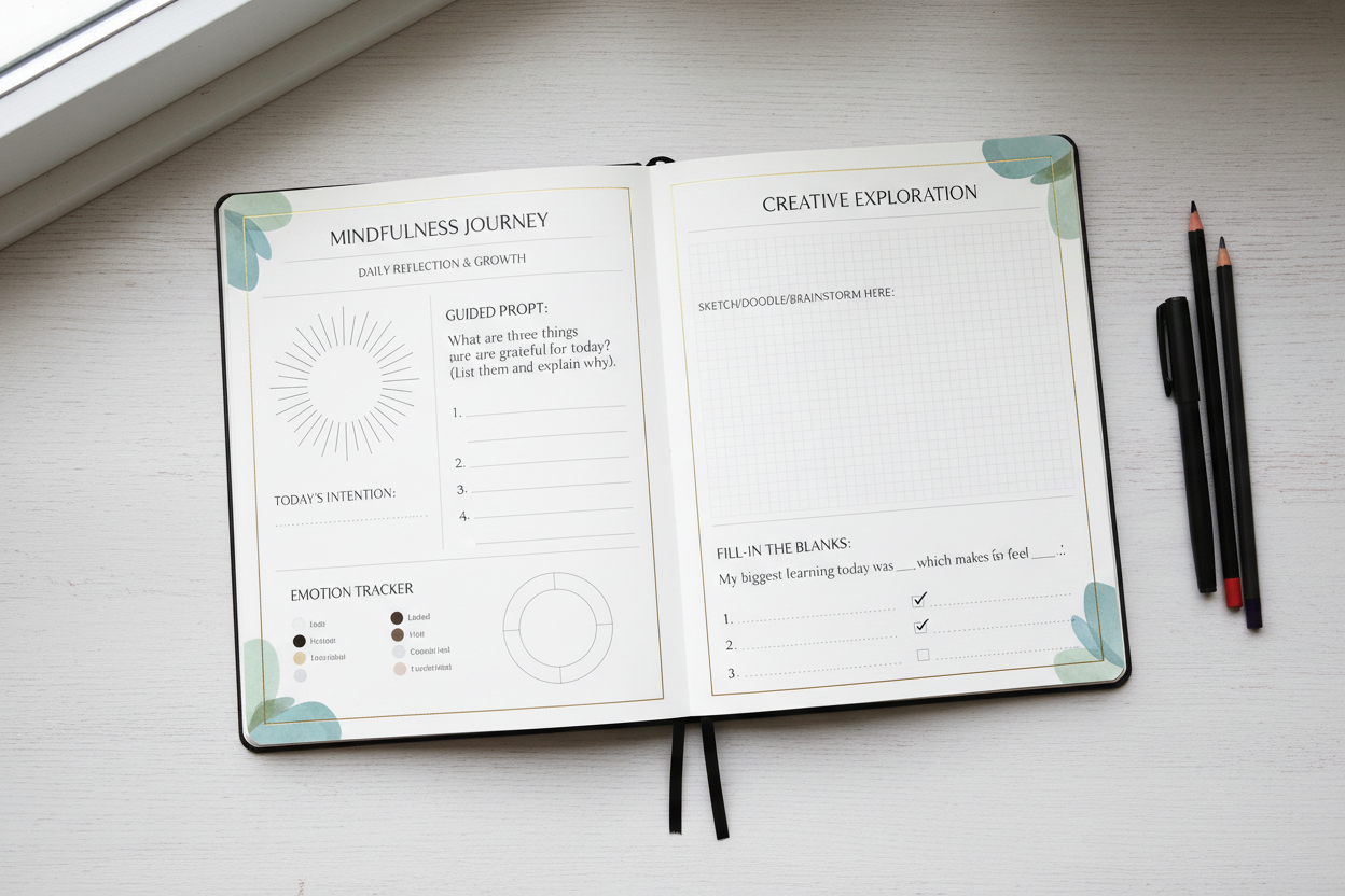 Open workbook pages showing interactive exercises and prompts