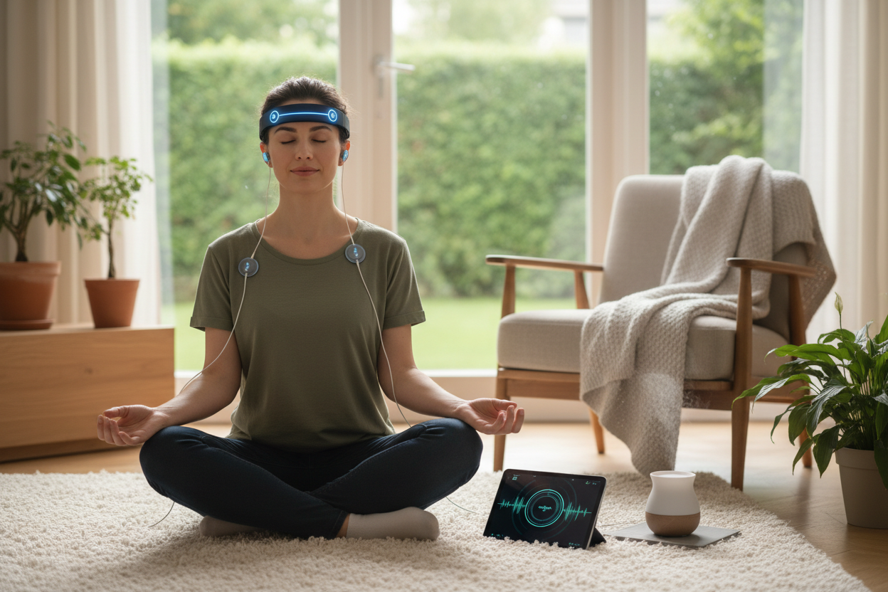Person using biofeedback device during meditation