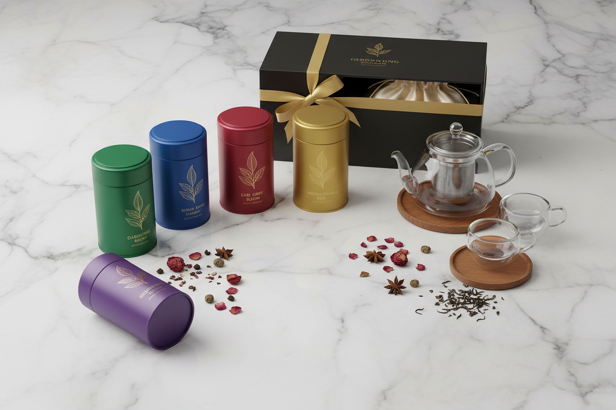 Beautiful tea gift set with 5 premium tea tins