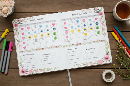 Full tracker spread showing month-by-month planning
