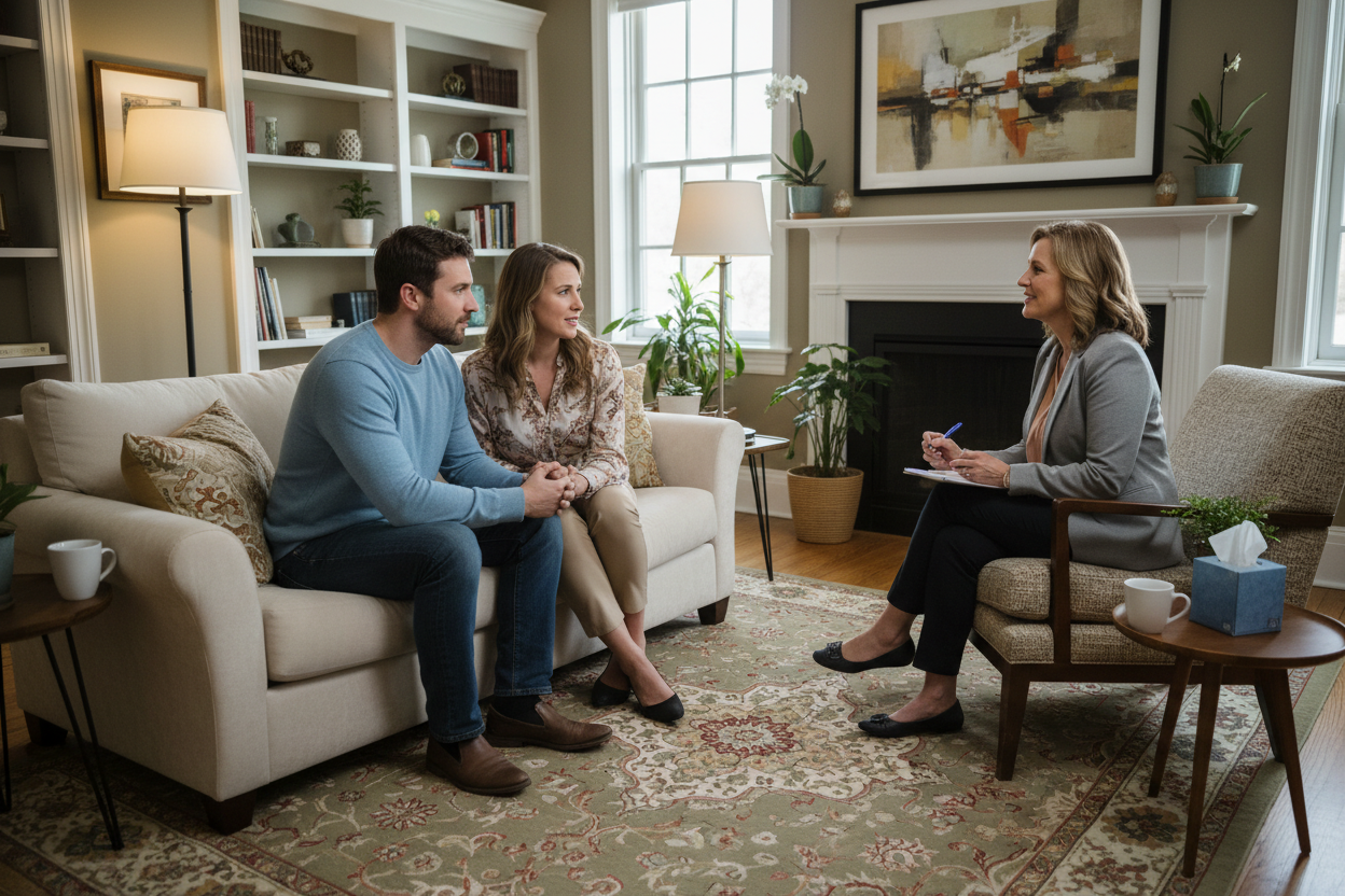Couple in consultation room having engaged discussion with therapist