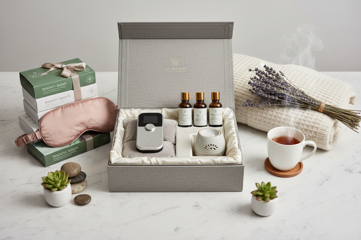 Premium stress relief kit unboxing display on marble surface