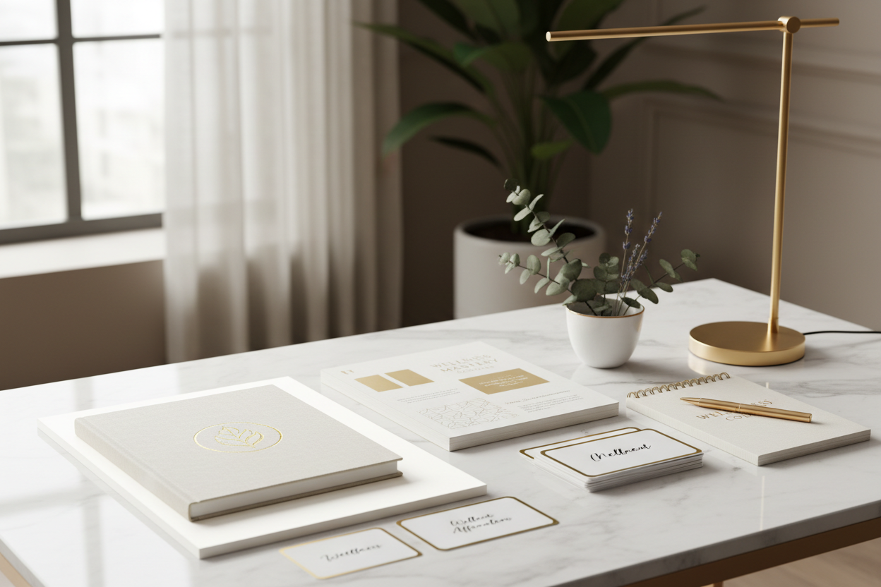 Premium fertility education program workbook and materials on marble desk