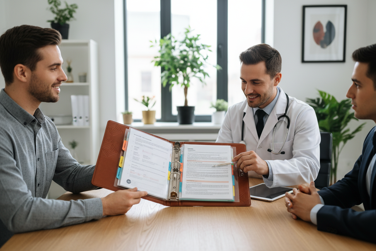 Person using fertility documentation binder during healthcare consultation