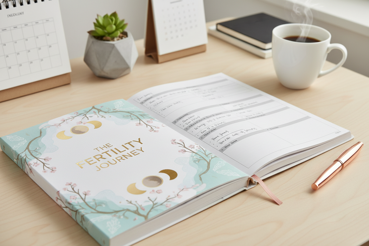 Premium fertility planning workbook on desk with pen and coffee
