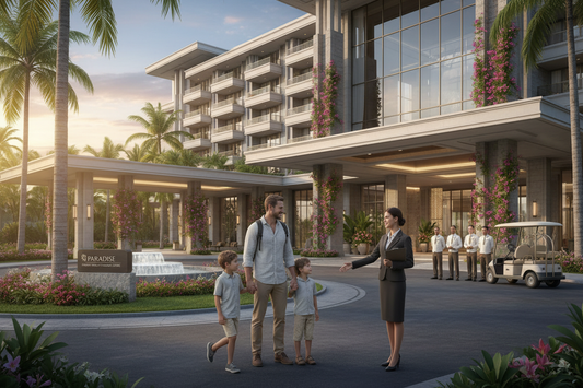 Family arriving at luxury hotel with travel coordinator welcoming them