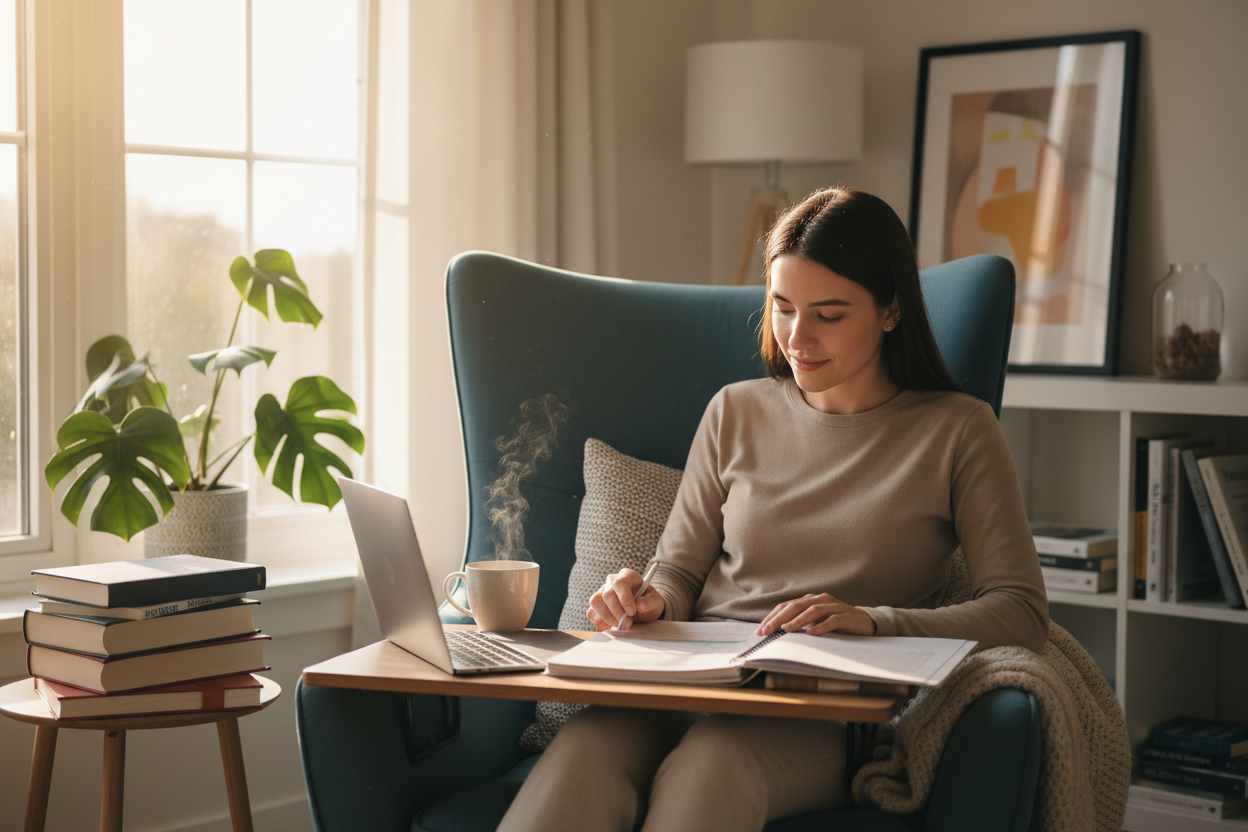 Person studying fertility education course materials in comfortable home