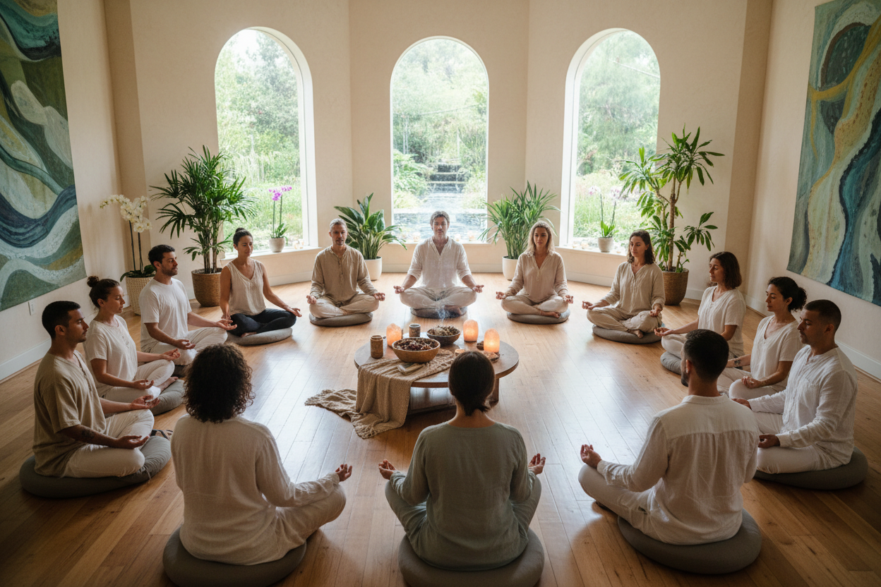 Group meditation session in peaceful wellness setting