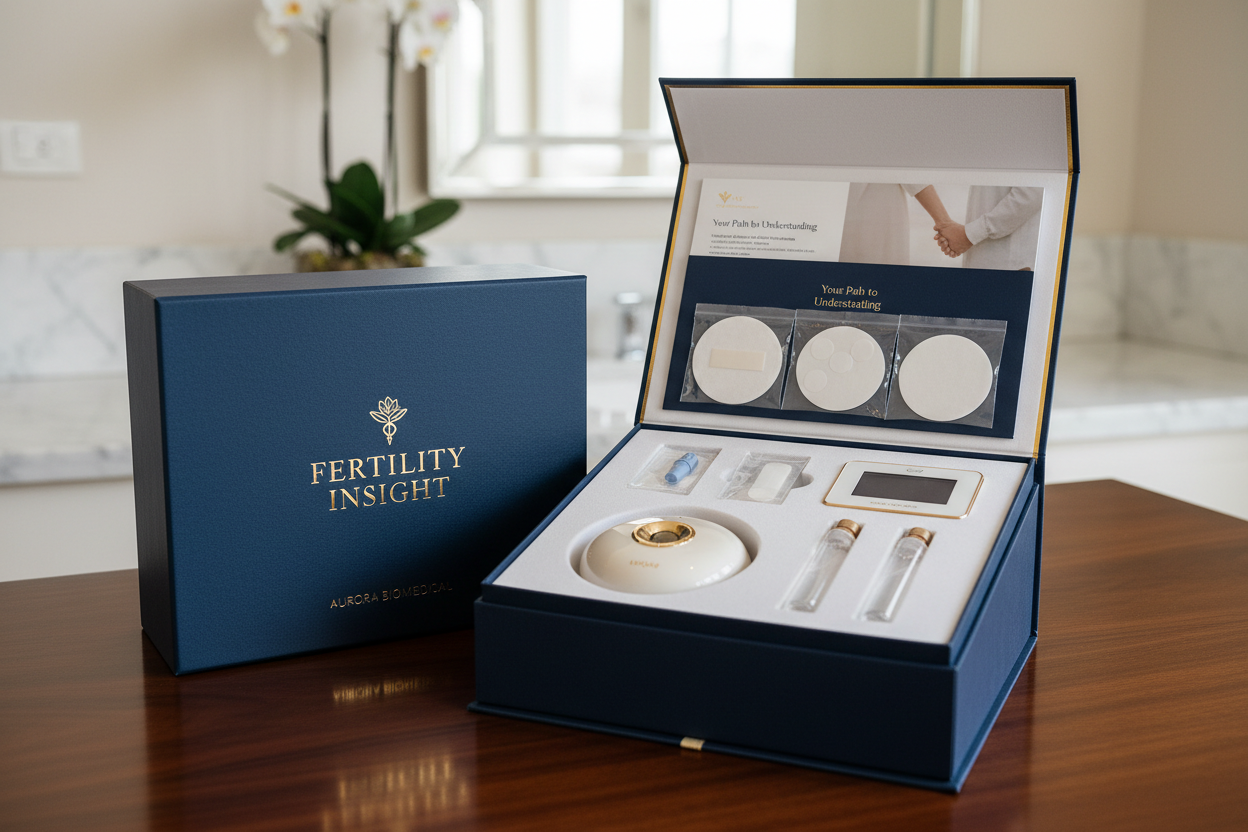 Elegant at-home fertility testing kit with premium medical branding