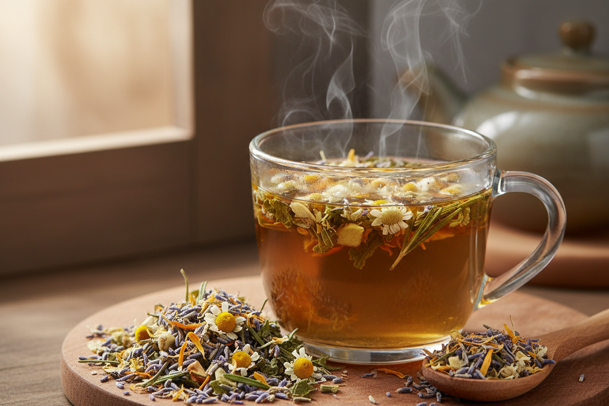 Loose leaf herbal tea with visible herbs and steaming cup