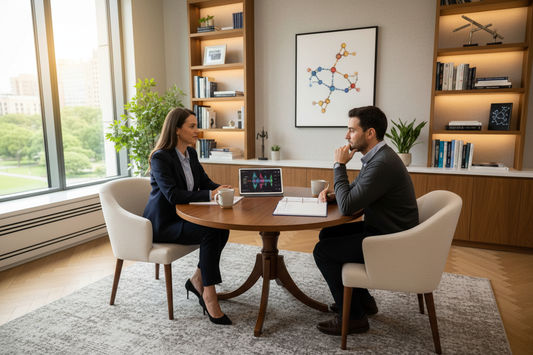 Genetic counselor consultation with client in luxury medical office