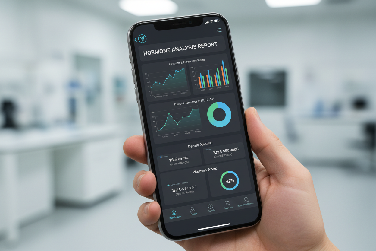 Smartphone showing test results dashboard with hormone analysis