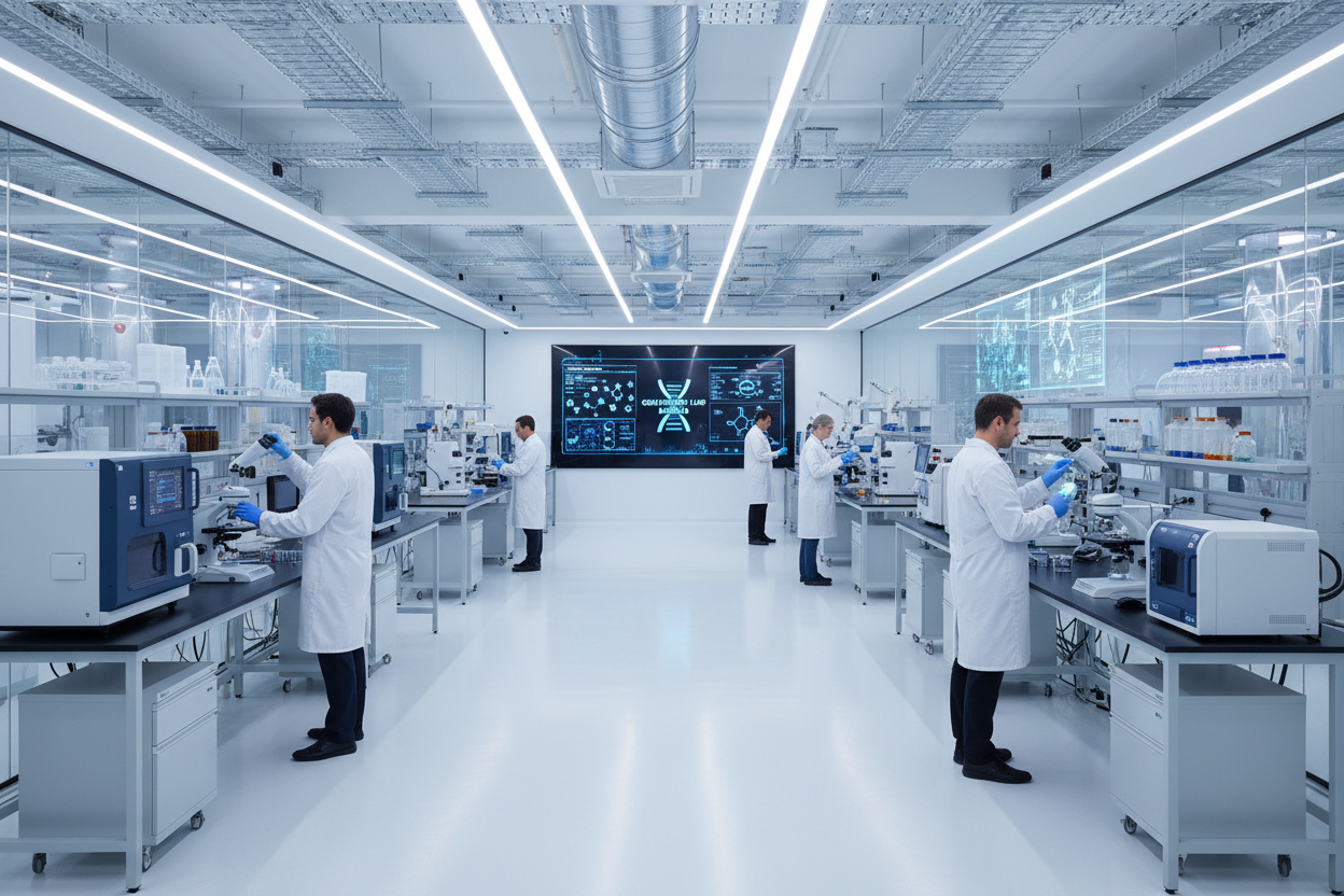 Modern genetics laboratory with advanced equipment and scientists
