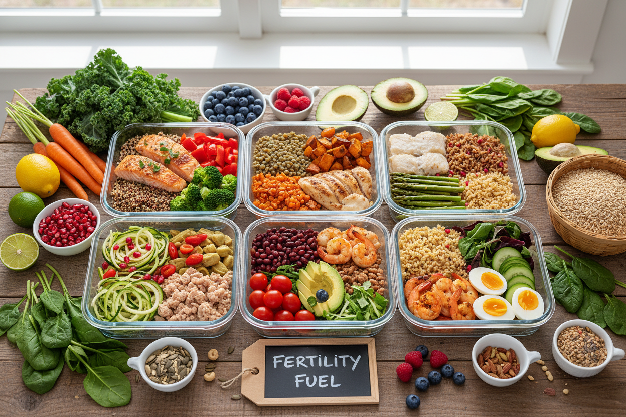 Beautiful meal prep display with nutrient-dense fertility-supporting foods