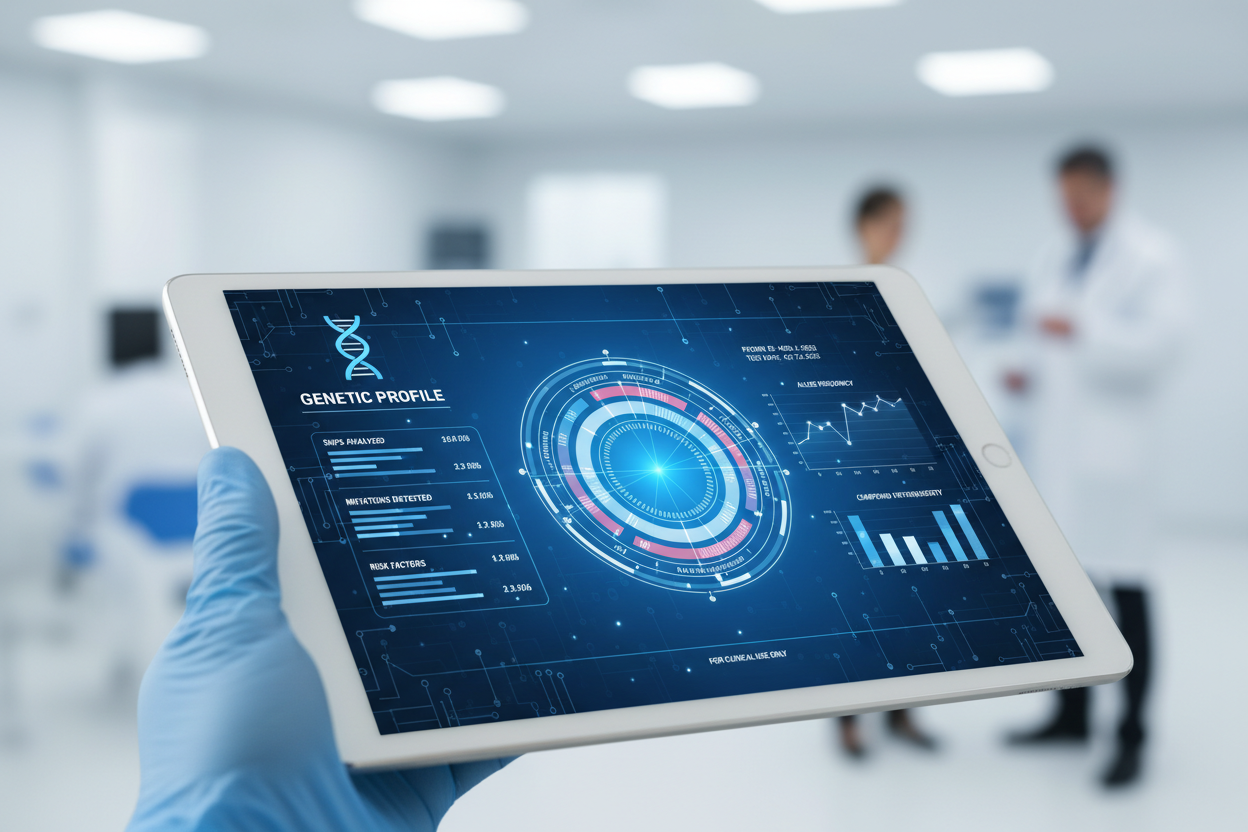 Genetic test results displayed on professional tablet with medical charts