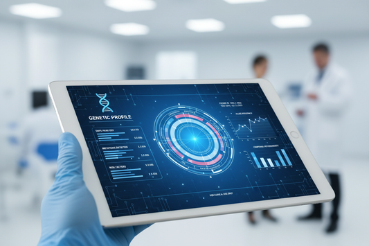 Genetic test results displayed on professional tablet with medical charts