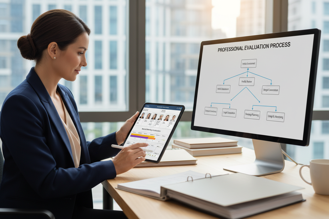 Consultant reviewing donor and surrogate profiles on professional tablet