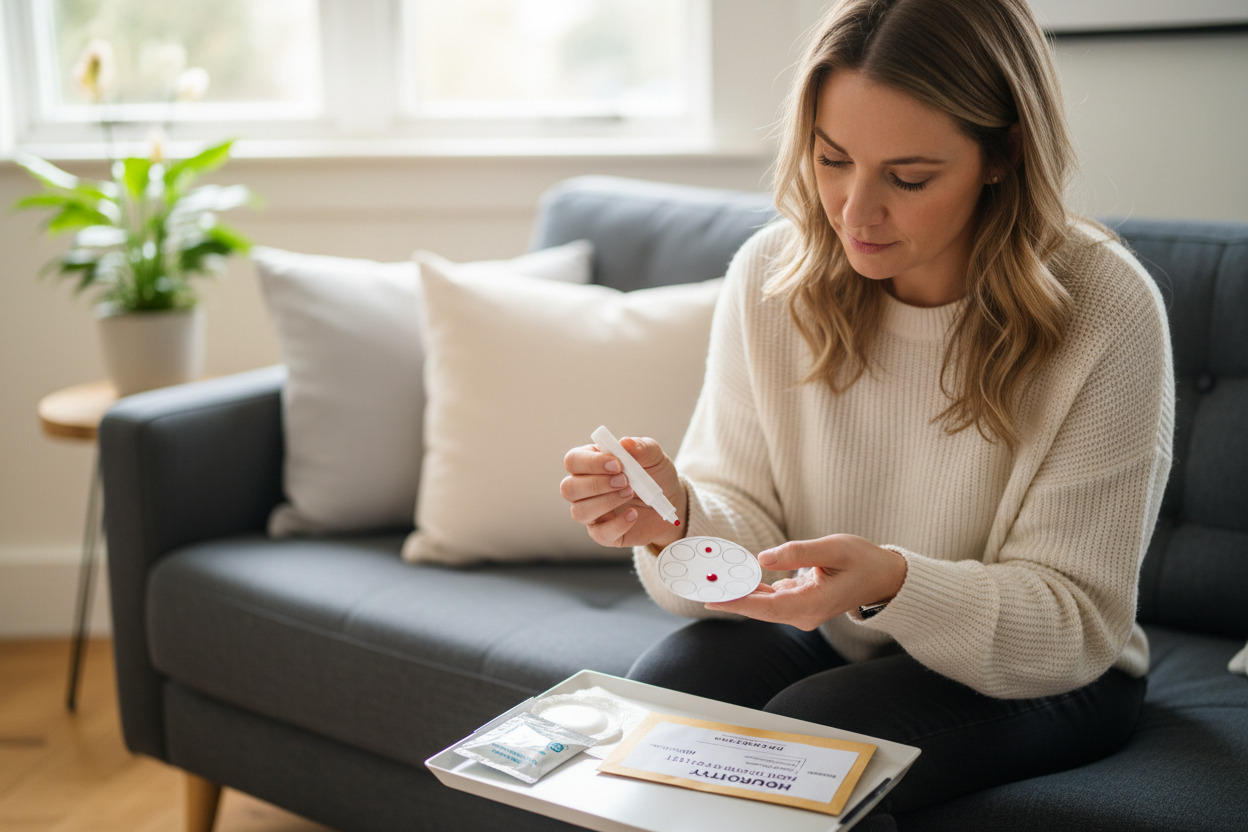 Person collecting blood sample at home using finger-prick kit
