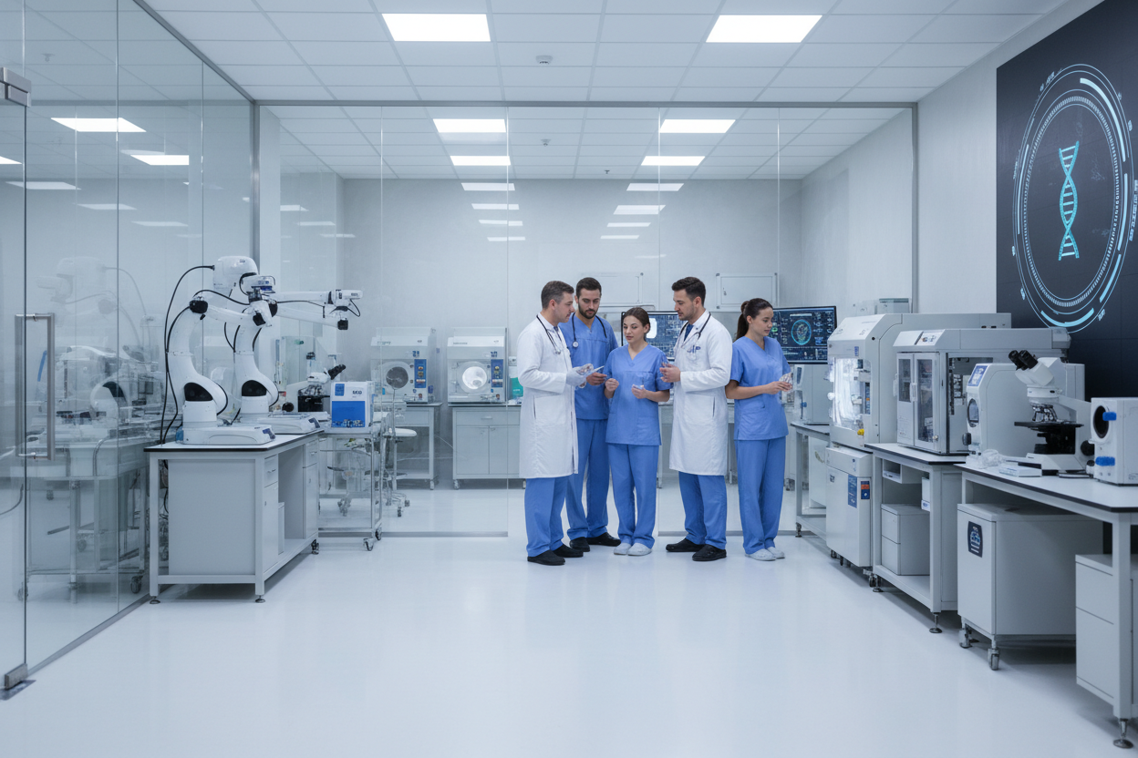 Professional medical team in international fertility clinic with state-of-the-art equipment