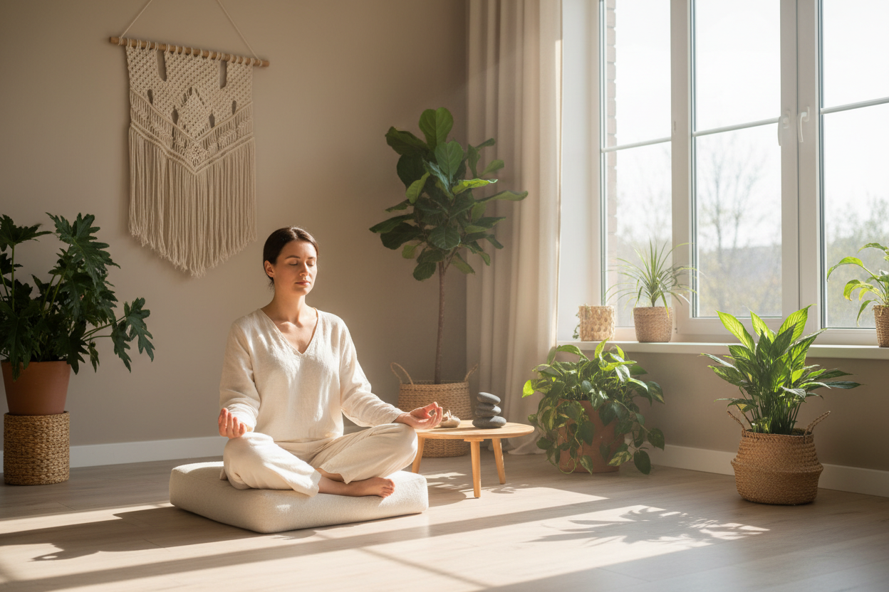 Person meditating peacefully in bright calm room with plants
