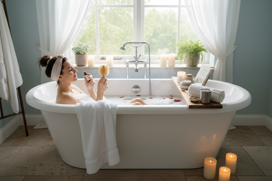 Person enjoying monthly wellness items in spa-like home setting