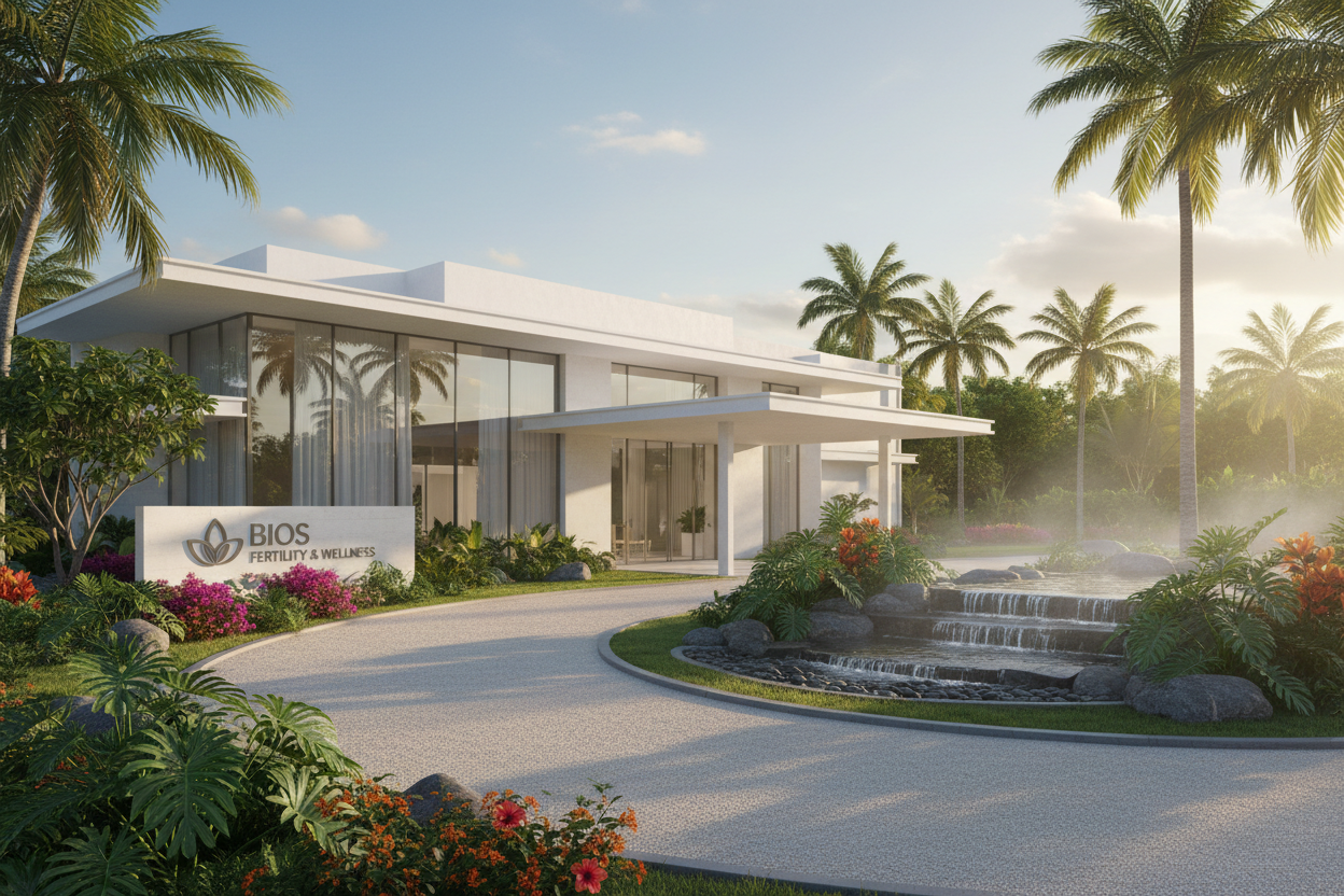 Beautiful international fertility clinic exterior in tropical setting with modern architecture