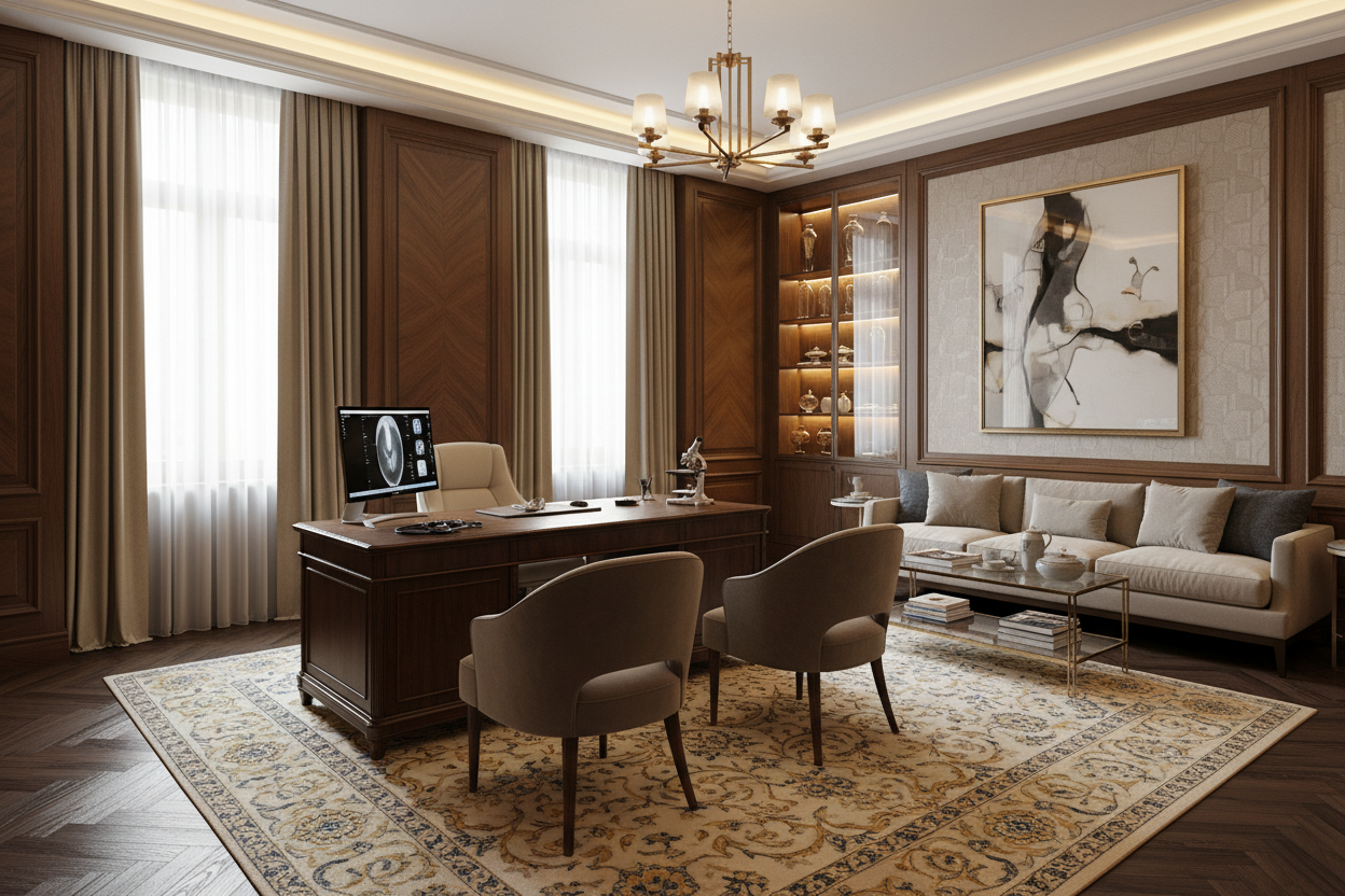 Elegant private consultation room with premium furnishings and medical setup